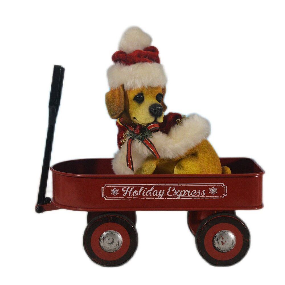 Holiday Express Red Wagon with Adorable Puppy Dog Figurine in Holiday Trim